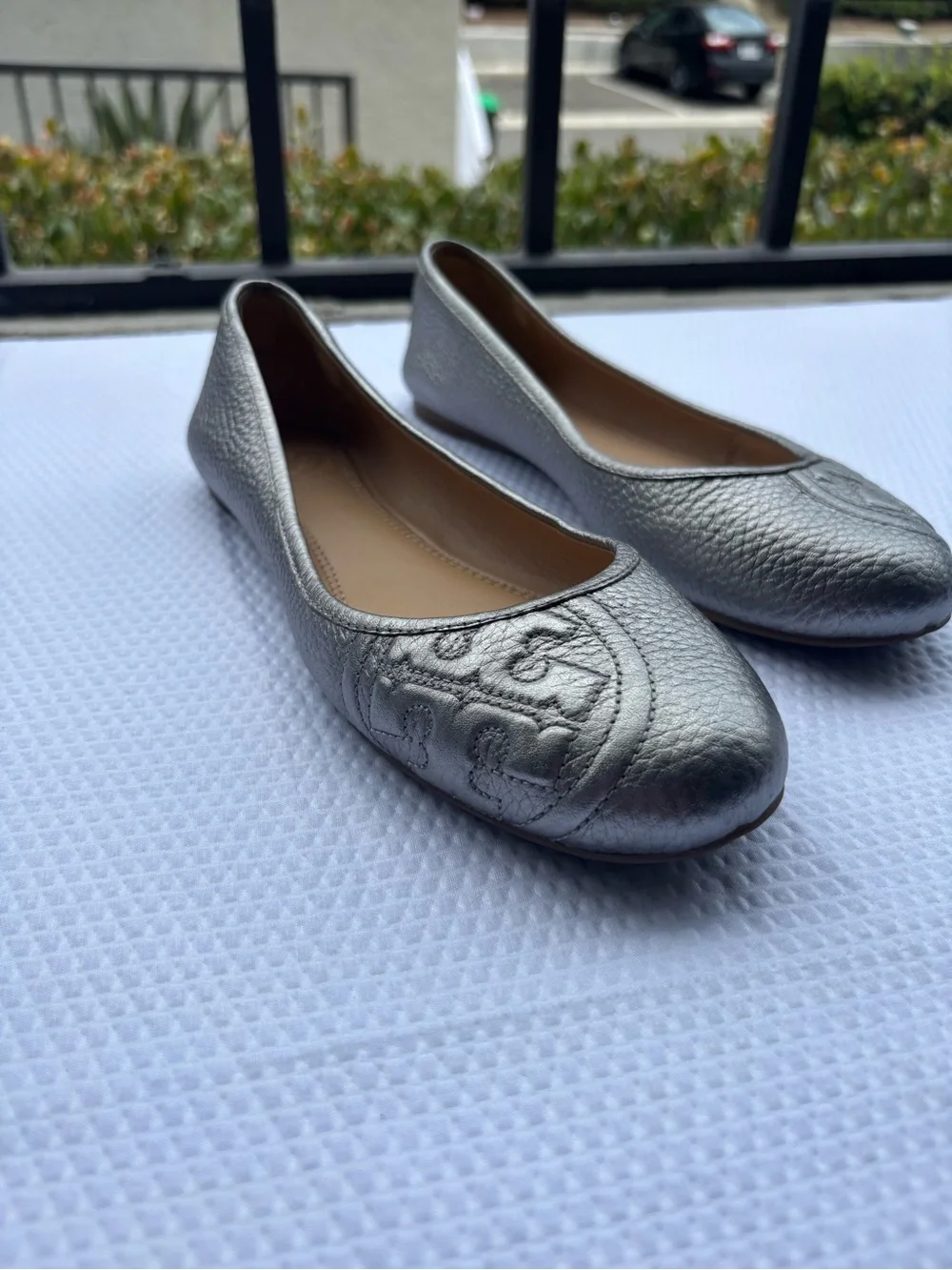 Tory Burch Metallic Silver Leather Ballet Flats